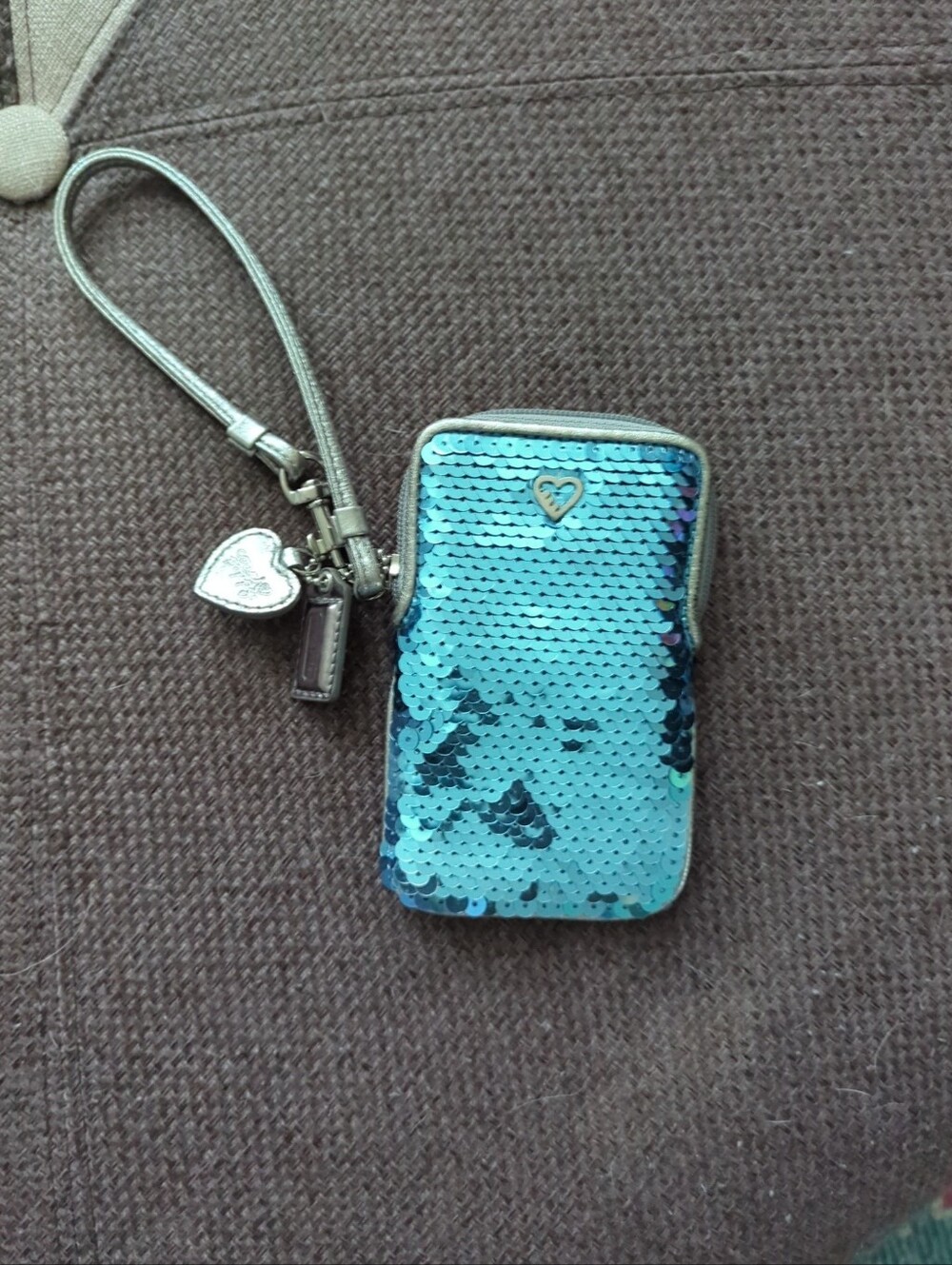 Coach Blue Sequin Wristlet Phone Pouch with Heart Charm